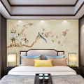 新中式装饰卧室床头背景墙布花鸟壁画8D主卧暖色壁布墙纸壁纸客厅
