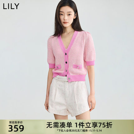LILY2024夏新款女装气质复古小香风通勤款优雅收腰泡泡袖毛针织衫