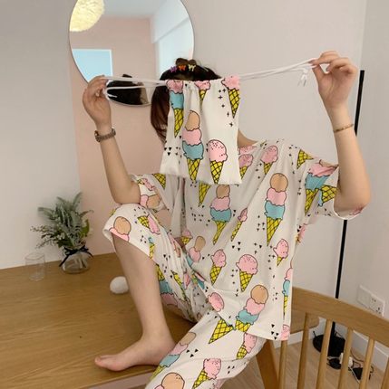 夏装女装2019新款韩版时尚个性宽松睡衣睡裤家居服套装闺蜜三件套