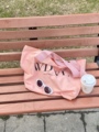 现货 韩国ChicWDWL百搭字母复古粉色帆布包托特包单肩包大号容量