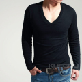 定制春季韩版男士纯色修身大V领长袖T恤性感低领内衣纯棉打底衫潮