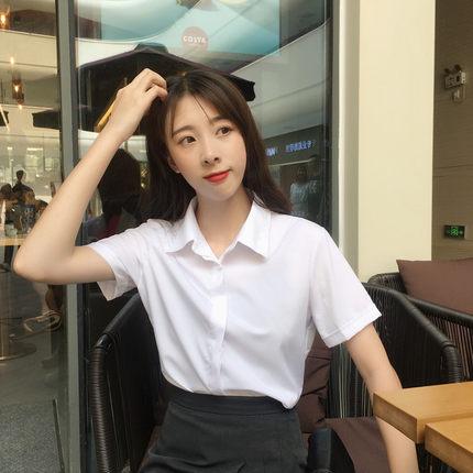 2022新款短袖雪纺衬衫女宽松韩版学生职业装工作服黑白衬衣女夏装