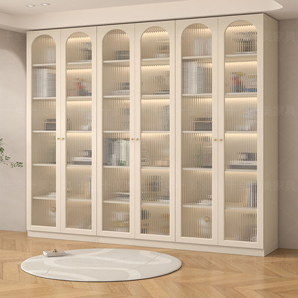 书柜带玻璃门展示柜子奶油风定制一体整墙到顶书架落地书橱储物柜