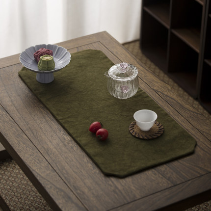叶屿帆布扎染苔藓绿茶席手工桌垫中式茶道复古双层干泡麻布茶盘垫