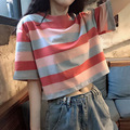 夏季新款韩版宽松彩虹条纹短袖恤女学生短款露脐上衣潮