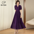 紫色短袖长款连衣裙  韩版大摆修身显瘦优雅时尚波西米亚气质女裙