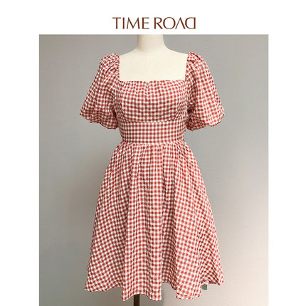 Time RoaD/汤米诺法式格子连衣裙女夏方领收腰泡泡袖T25233193579