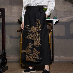 远镇新中式中国风复古刺绣黑色马面裙套装2024新款女春夏季半身裙