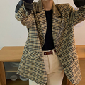 韩国春款格子西装外套女韩版小众复古休闲显瘦宽肩阔版垫肩