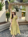 2087韩版复古方领连衣裙女夏季法式收腰显瘦气质泡泡袖显瘦长裙潮