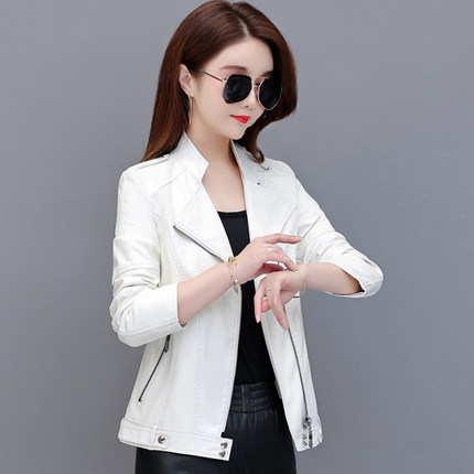 2023新款秋季海宁皮衣女士短款韩版修身显瘦夹克西装领白色小外套