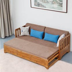 实木推拉沙发床新中式小户型家具储物多功能伸缩塌两用榆木罗汉床
