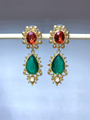 红绿撞色蕾丝边中国风古典气质百搭玻璃宝石复古银针耳环耳夹女