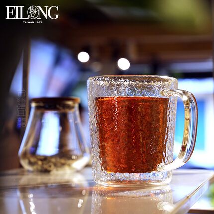 宜龙家用办公简约加厚锤目纹双层玻璃马克杯耐热大容量绿茶杯水杯