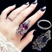 韩版时尚复古食中指指环女镶钻水晶装饰戒指简约个性潮人学生饰品