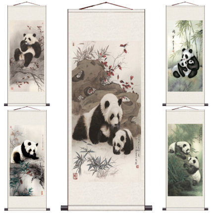 中国风特色国画丝绸画大熊猫卷轴挂画礼品画客厅卧室装饰画挂轴