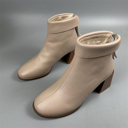 靴子女2022年新款春秋季单靴中跟粗跟短靴方头女靴后拉链女士单鞋