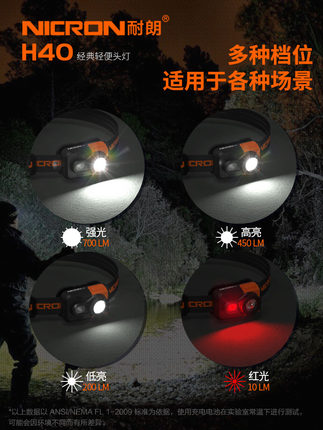 NICRON耐朗USB充电强光头灯户外防水便携头灯夜钓照明头戴头灯H40