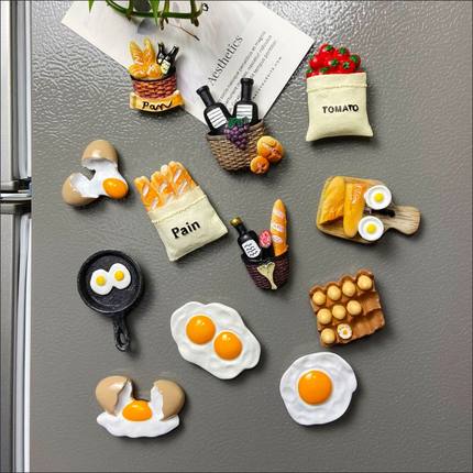 仿真美食树脂冰箱贴个性创意法式面包装饰磁贴3D立体鸡蛋西红柿