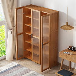 书柜家用书架置物架落地卧室收纳多层带门防尘简易楠竹柜子储物柜