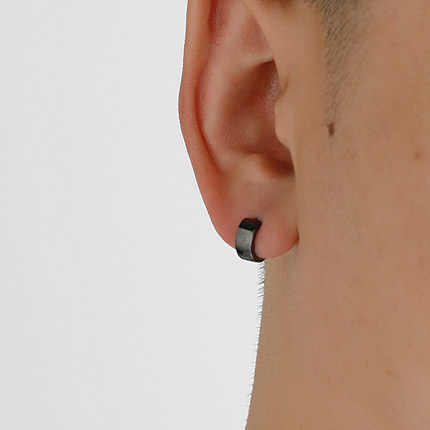 YiJian 925纯银耳环男黑色学生单只耳扣女宽面素圈耳钉小众设计感