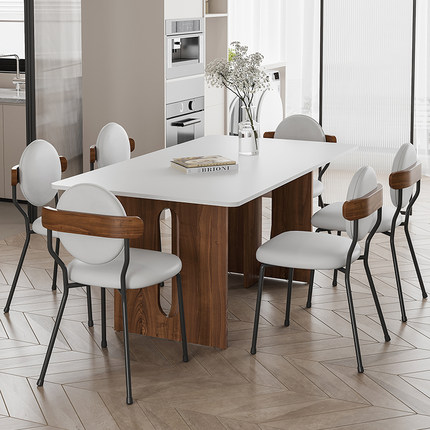 中古风实木奶油白色哑光岩板复古餐桌椅组合小户型长方形岛台家用