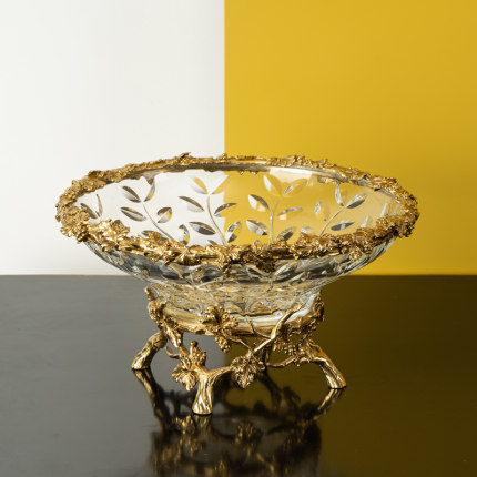 欧式进口水晶玻璃黄铜果盘美式高档奢华别墅客厅餐桌水果盘摆件