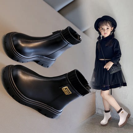 女童皮面加绒靴子2023冬季新品韩版软底二棉马丁靴小女孩中筒棉靴