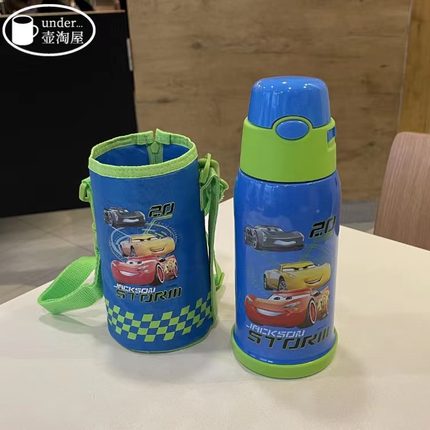 迪士尼 WD-3524 汽车 麦昆儿童抽真空保温瓶防漏吸管水杯背带杯套