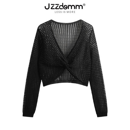 九州诚品/JZZDEMM交叉镂空罩衫女修身短款时尚设计感外搭针织上衣