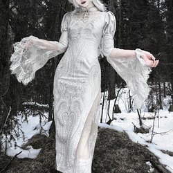 血液供给原创◆雪国的呼唤白哥特蕾丝提花丝绒鱼尾改良旗袍连衣裙