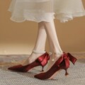 红色高跟鞋婚鞋新娘鞋女2023新款订婚配红裙子细跟玛丽珍鞋不累脚