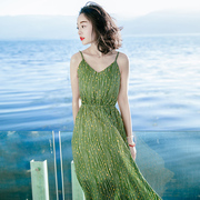 夏季吊带裙雪纺超仙显瘦连衣裙绿色长裙子马尔代夫海边度假沙滩裙