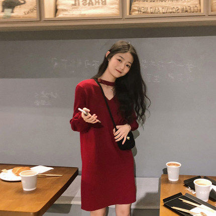 轻熟风chic小个子长袖针织连衣裙2023新款法式修身气质红色初恋裙