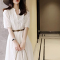 白色蕾丝连衣裙女装2023年新款潮女春夏收腰镂空法式超仙初恋裙子
