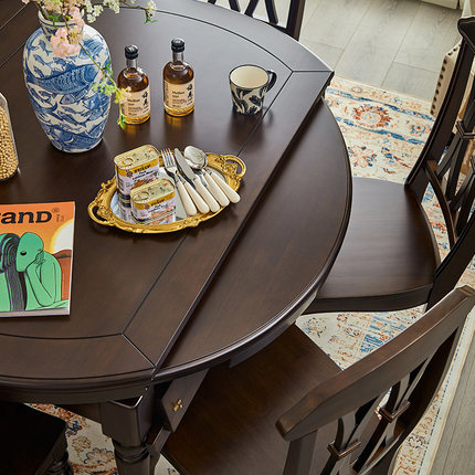 萨洛美式餐桌椅组合轻奢复古家用小户型可伸缩折叠变圆实木饭桌子