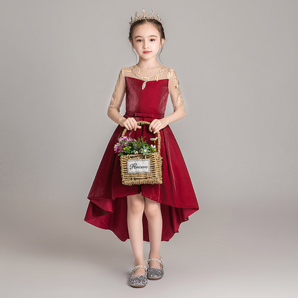 公主裙女童前短后长模特走秀红色花童小主持人儿童钢琴演出服礼服