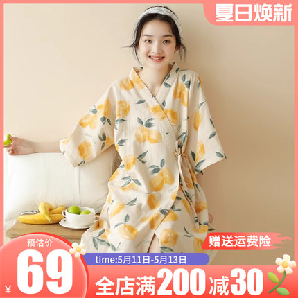 日系和服睡衣女夏季薄款日式和风睡裙夏天宽松大码短袖开衫家居服