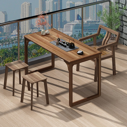 胡桃木实木茶桌阳台泡茶几椅组合茶台家用茶台书桌一体两用写字桌