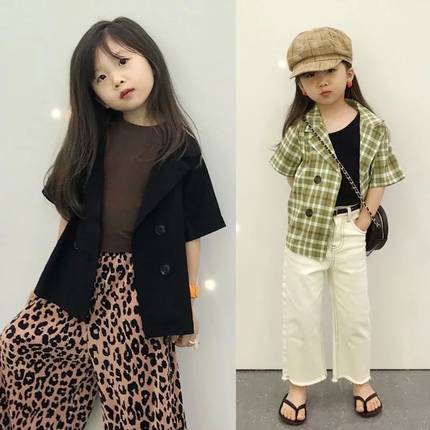 韩国东大门童装男童女童2024新款儿童短袖西装外套洋气网红夏格子