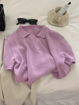 法式高级感紫色针织短袖夏季小个子气质显白polo领冰丝T恤上衣女
