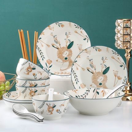 一路鹿有你餐具4/6人日式碗碟套装 家用陶瓷碗盘面碗汤碗碟子碗筷