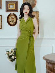 法式纯欲风高级设计感无袖连衣裙一片式系带束腰翻领绿色夏款女裙