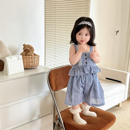 2024新款韩国童装夏季中小童套装两件套女宝宝短袖吊带衬衫+短裤
