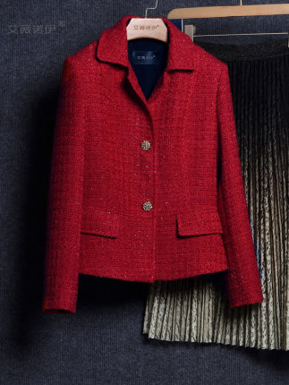 艾薇诺伊2023秋冬新款短外套红色小香风名媛气质修身显瘦通勤上衣