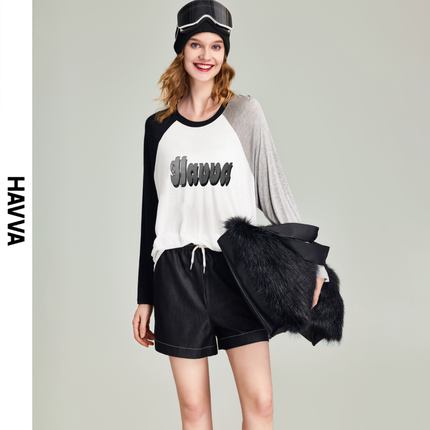 HAVVA2024春季新款休闲套装女时尚气质拼色体恤短裤两件套Z2738