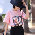 xg雪歌粉色印花短袖T恤女2024夏季新款套头圆领上衣XJ201038A808