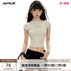 APEA山系色辣妹半高领短款上衣女撞色印花弹力针织修身短袖T恤
