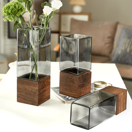 新中式实木方口花瓶摆件客厅插花玻璃透明鲜花干花马醉木水培花器