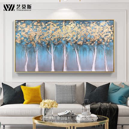 金箔色油画现代简约客厅沙发背景墙纯手绘轻奢黄金树抽象大幅定制